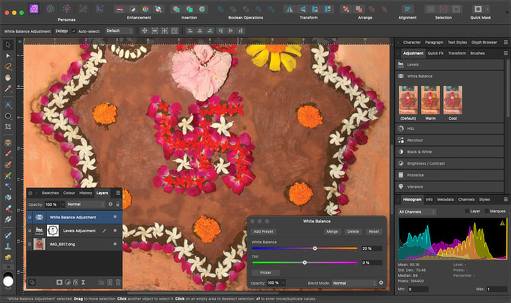 Screen shot of an image open in the software, with several editing panels around it