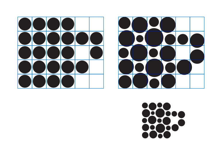 Black dots of equal and of varying sizes arranged on grids, and a small version of the final arrangement