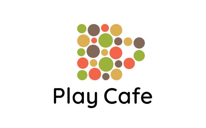 Coffee cup shape made up of colourful dots and 'Play Cafe' written below it