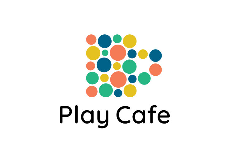 Dots of varying sizes and colours together making a squarish cup shape, and the name 'Play Cafe' below