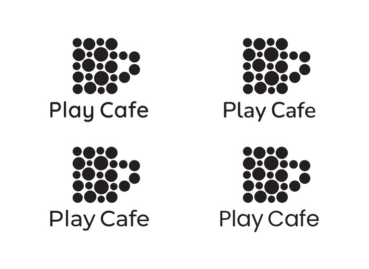 Four sets of the final graphic in black and white, with 'Play Cafe' in a different font below each one