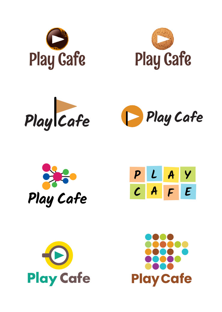 Eight Play Cafe logo design options in colour, based on different concepts