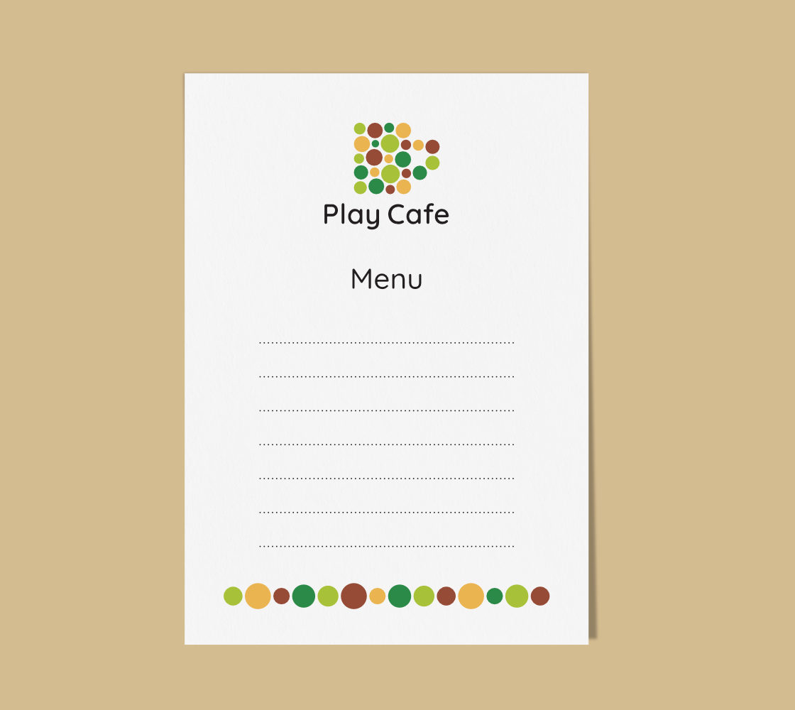 Layout with the Play Cafe logo, 'Menu' placed below it, followed by dotted rows on which menu items could be hand written