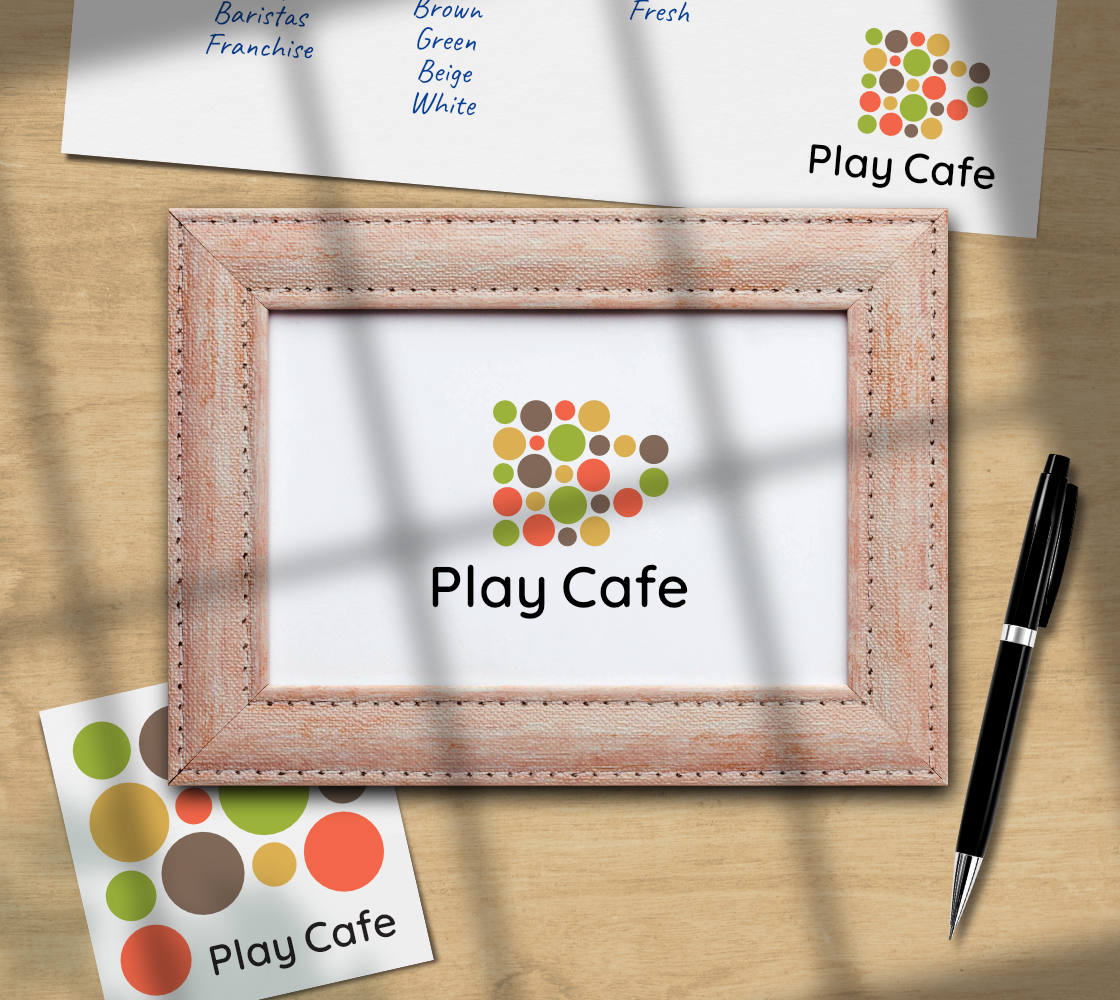 A photo frame with the Play Cafe logo in it