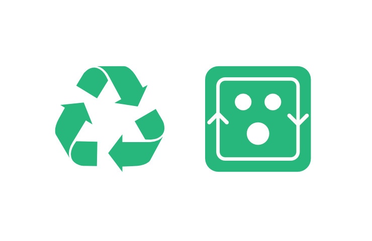 Recycling symbol to the left of WEEE Recycle pictorial mark