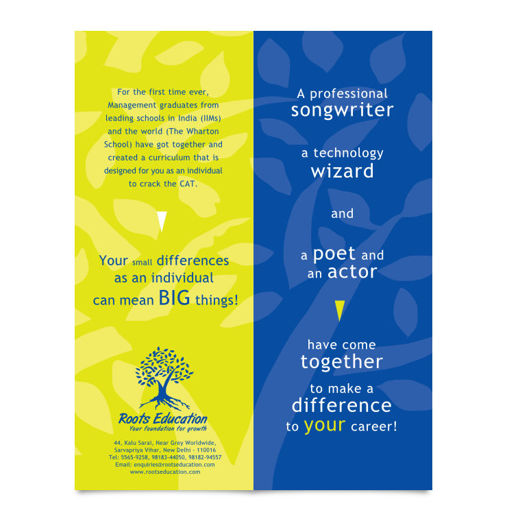 Back (left side — in green yellow) and cover (right side — in blue) designs of the brochure