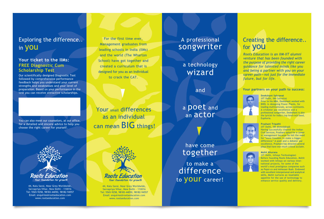 2 color brochure / handout design showing 4 pages in alternating brand (blue and green yellow) colours