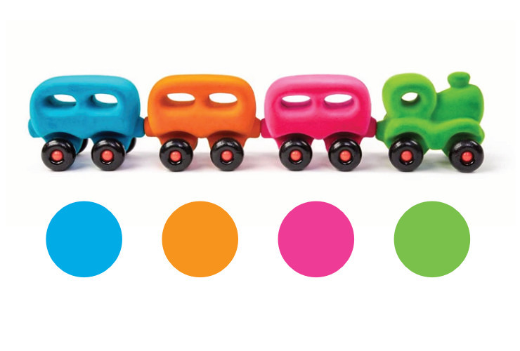 Colourful Rubbabu magnetic toy train and colour swatches corresponding to it