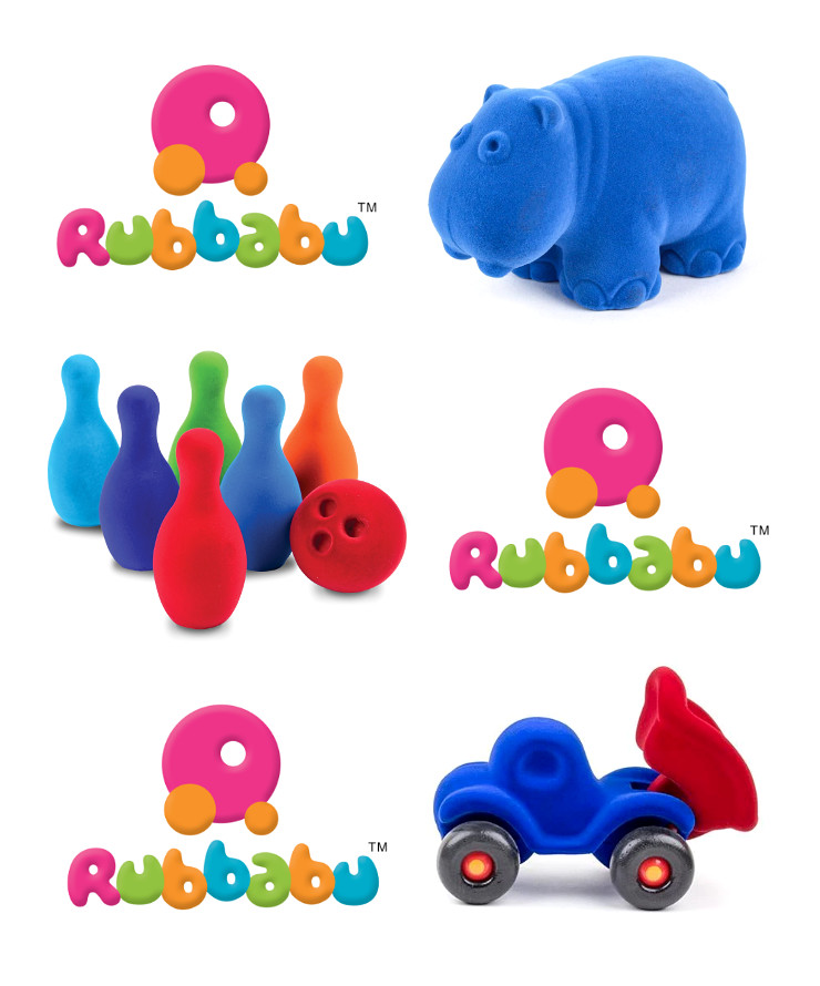 The logo placed alongside a toy Hippo, a bowling set and a dump truck