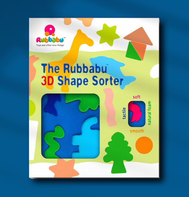 Front side of the colourful Rubbabu 3D Shape Sorter toy packaging