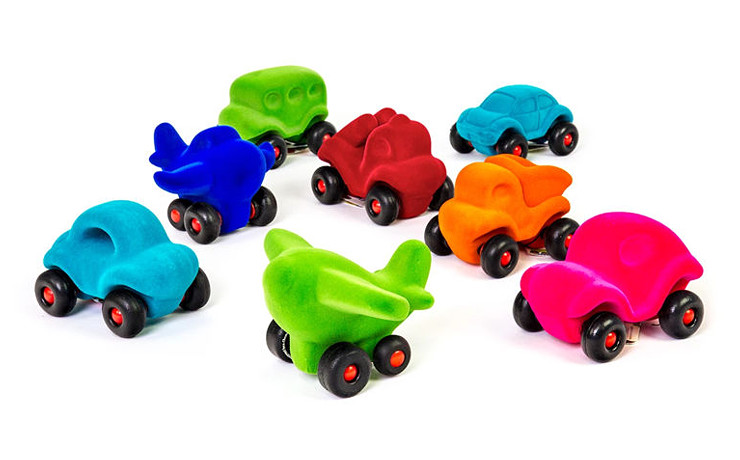 Rubbabu vehicle toys including cars, airplanes, dump truck, fire-engine and mini-bus