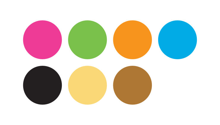 7 large dots, of Magenta, Green, Orange, Sky Blue, Black, Pale Yellow and Brown colours