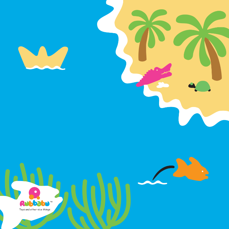 Blue water, fishes, coral, a boat, an island with palm trees, a crocodile and a turtle