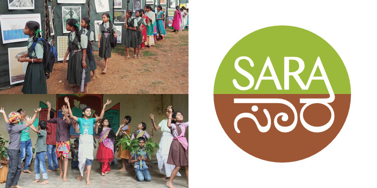 Photos of schoolgirls viewing an outdoor poster exhibit (top) and children rehearsing for a play (bottom), and SARA logo