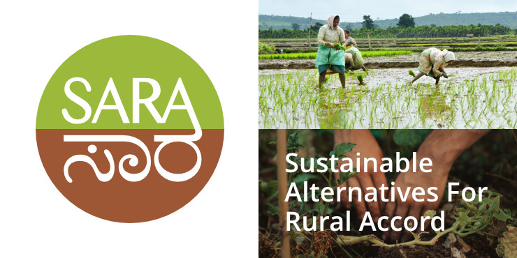 SARA logo alongside photos of women working in a rice field (top) and hands working in the soil (with SARA tagline)
