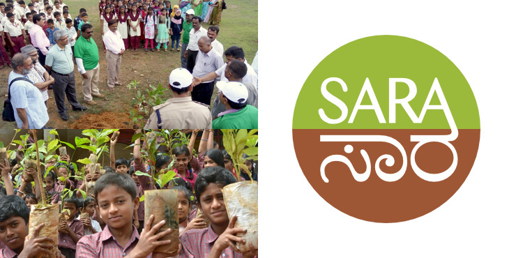 Photos of people and schoolchildren at a tree planting ceremony (top) and children with saplings (bottom), with SARA logo