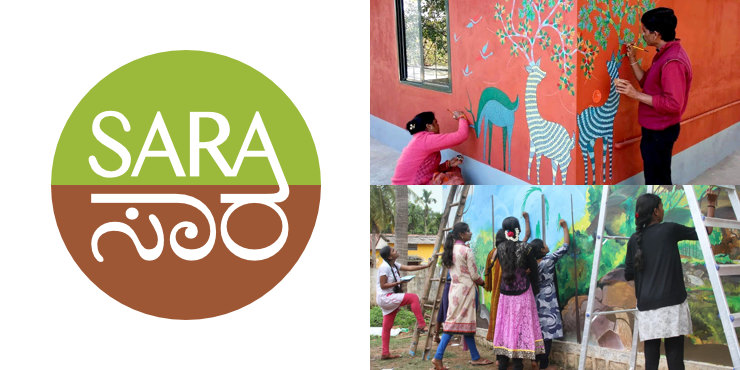 SARA logo with photos of artists (top) and children (bottom) making nature themed paintings on walls