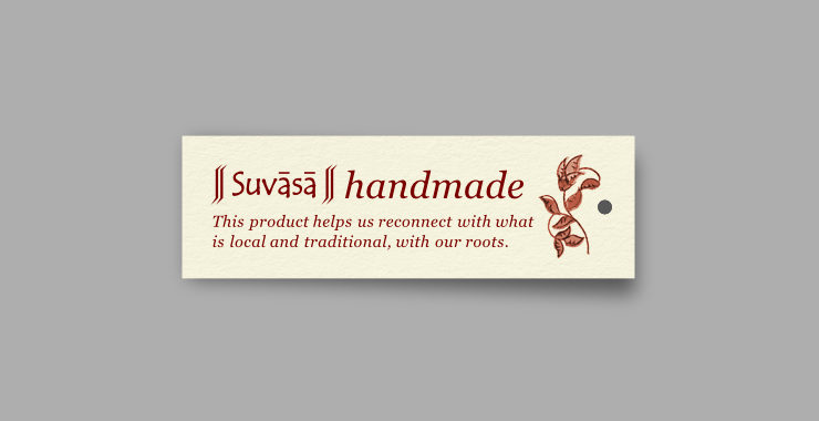 Suvasa logo, ‘handmade’ in large font size, a short description below and a leaf motif to the right