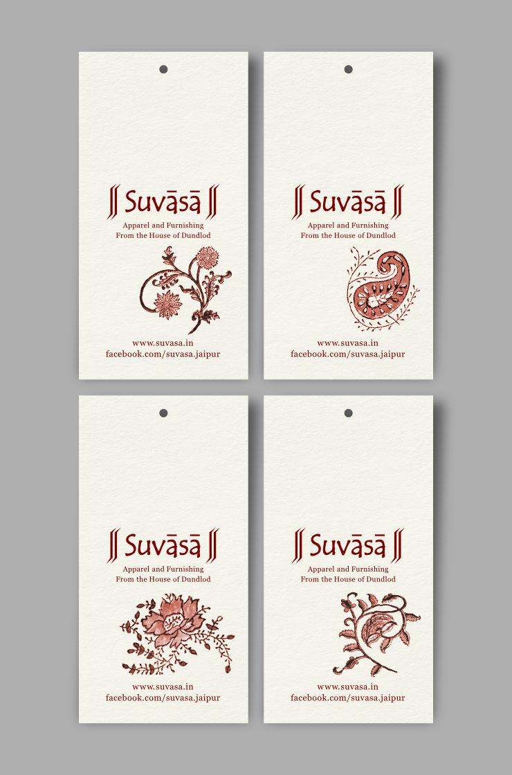 Four tag layouts with all elements printed in maroon colour