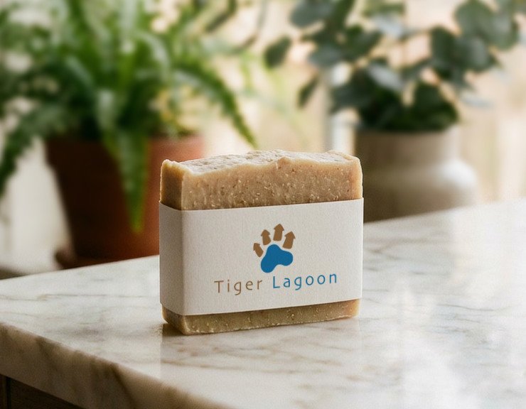 Paper with the logo printed on it, around a rectangular bar of soap