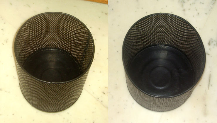 Side-by-side photographs of two office waste bins