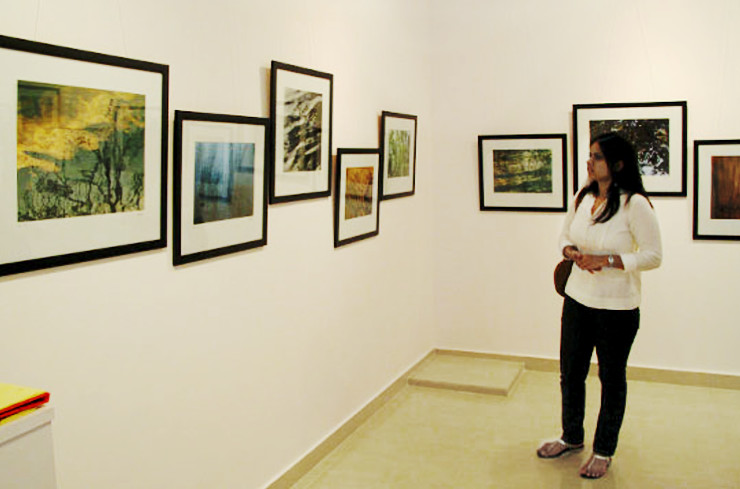 Visitor looking at framed photographs displayed in an art gallery