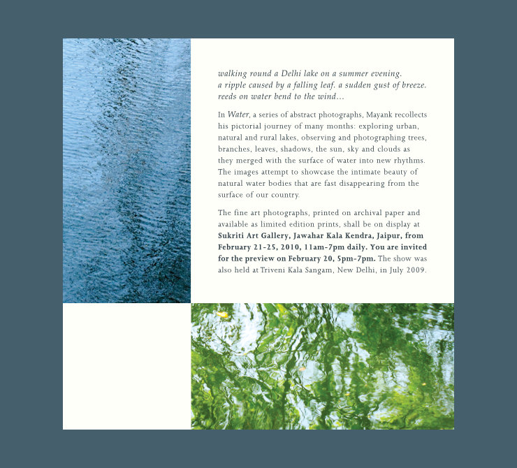 Brochure page layout with two abstract images on the left and bottom sides and text about the show