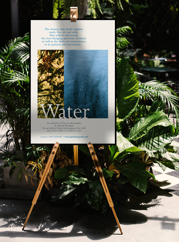 Printed and framed 'Water' poster on a easel