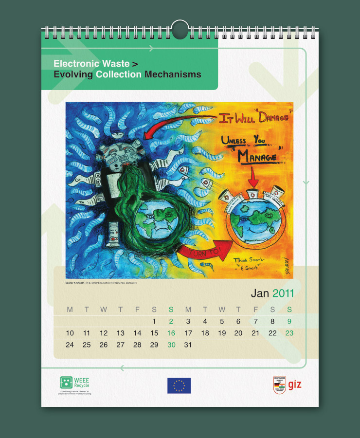 Spiral bound calendar with a large artwork in landscape orientation, surrounded by design components