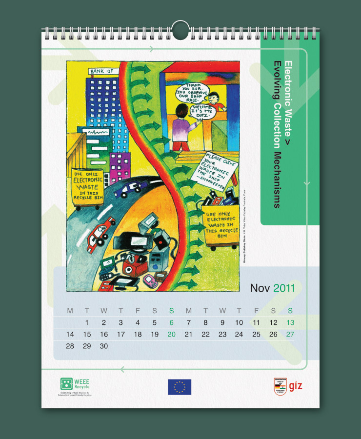 Spiral bound calendar with a large artwork in portrait orientation, surrounded by design components