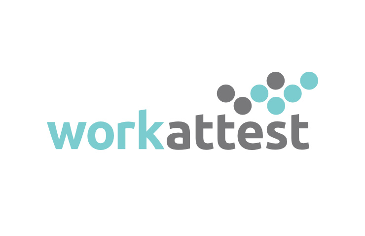 ‘work’ in light blue, ‘attest’ in grey, and above them left tick mark in grey and the right one in light blue