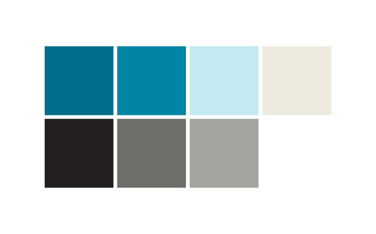 Seven colour swatches: dark blue, blue, light blue, beige, black, grey and light grey