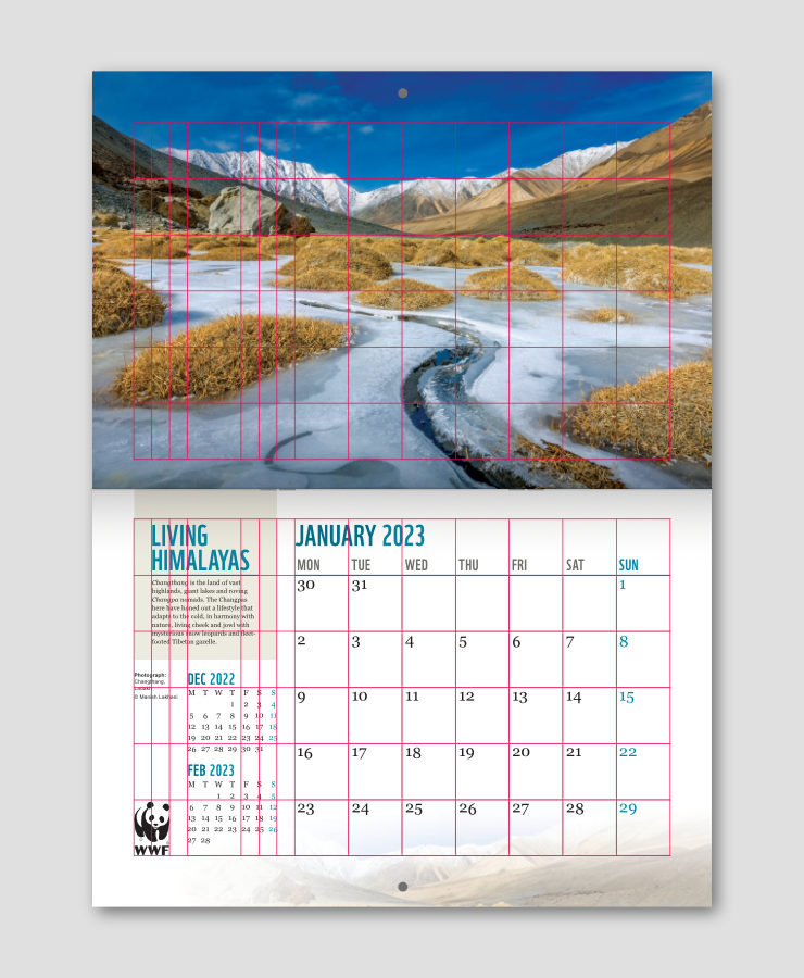 Grids overlaid on January page spread of the calendar