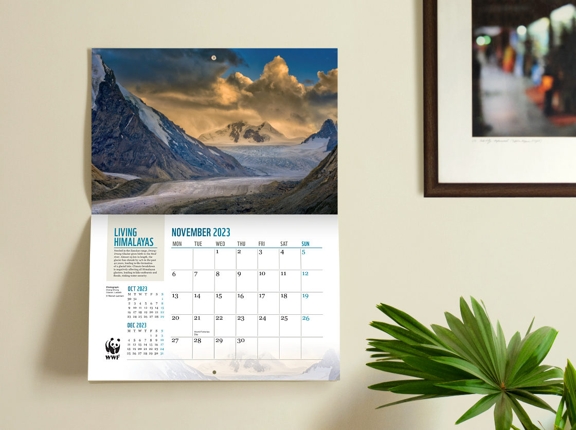 A printed calendar hanging on a wall, alongside a framed painting