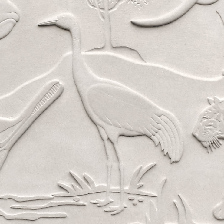 Closeup of the rendering of a standing Black-necked Crane, in bas relief