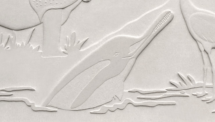 Closeup of illustration showing a Dolphin coming out of water, rendered in stone