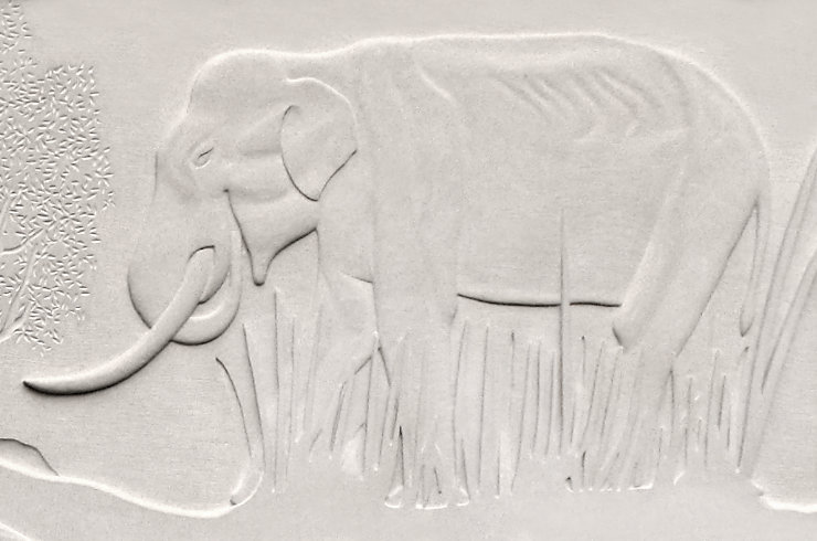 Detail of the finished rendering of an Asian Elephant, in bas relief