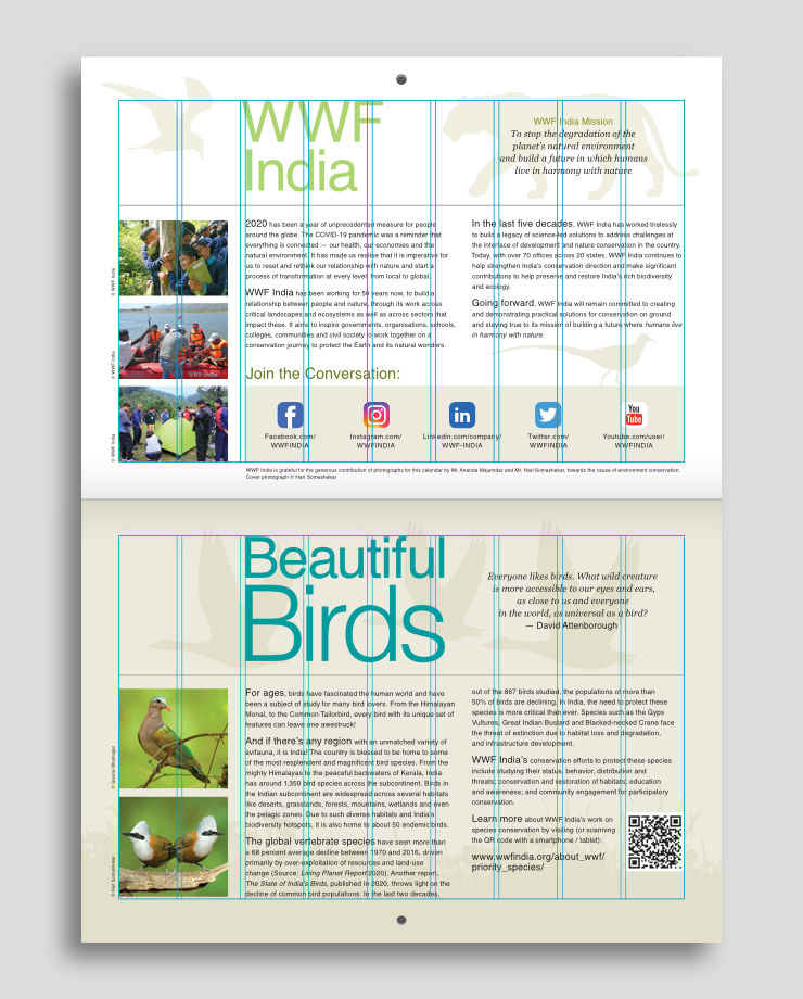 Nine column grid overlay on calendar pages containing information about WWF and about birds