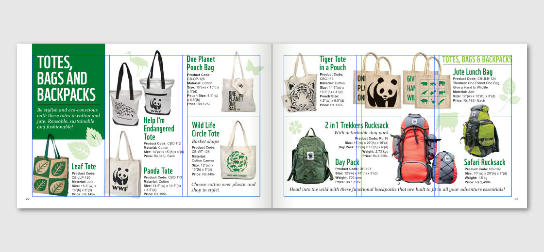 Three column grid overlayed on a spread featuring Totes, Bags and Backpacks
