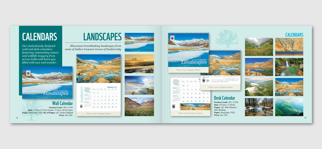 Spread featuring WWF-India Landscapes wall and desk calendars, 12 landscape images and related info