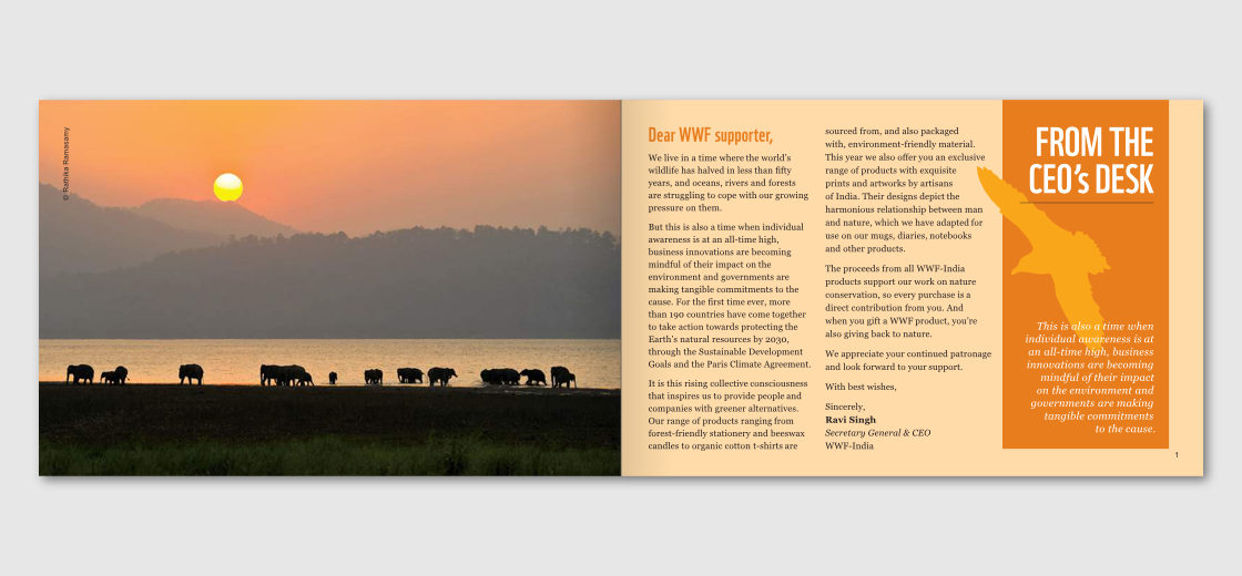 Photograph of the sun setting behind a herd of elephants (left page) and CEO’s message (right page)