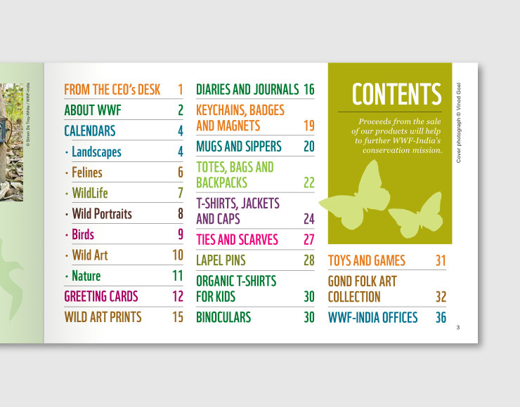 Category names and page numbers, and page header with a graphic of butterflies in a coloured block