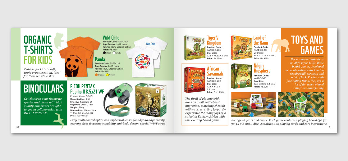 Spread featuring organic t-shirts for kids and binoculars (left), and toys and games (right)