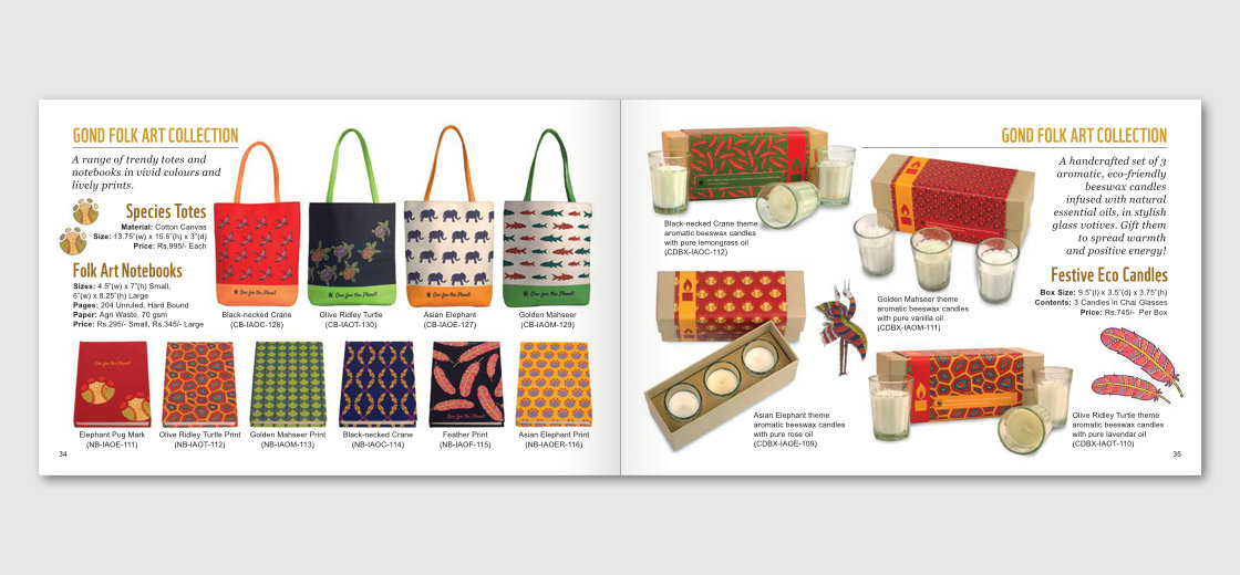 Gond folk art collection featuring handbags (left page), diaries and scented candles (right page)