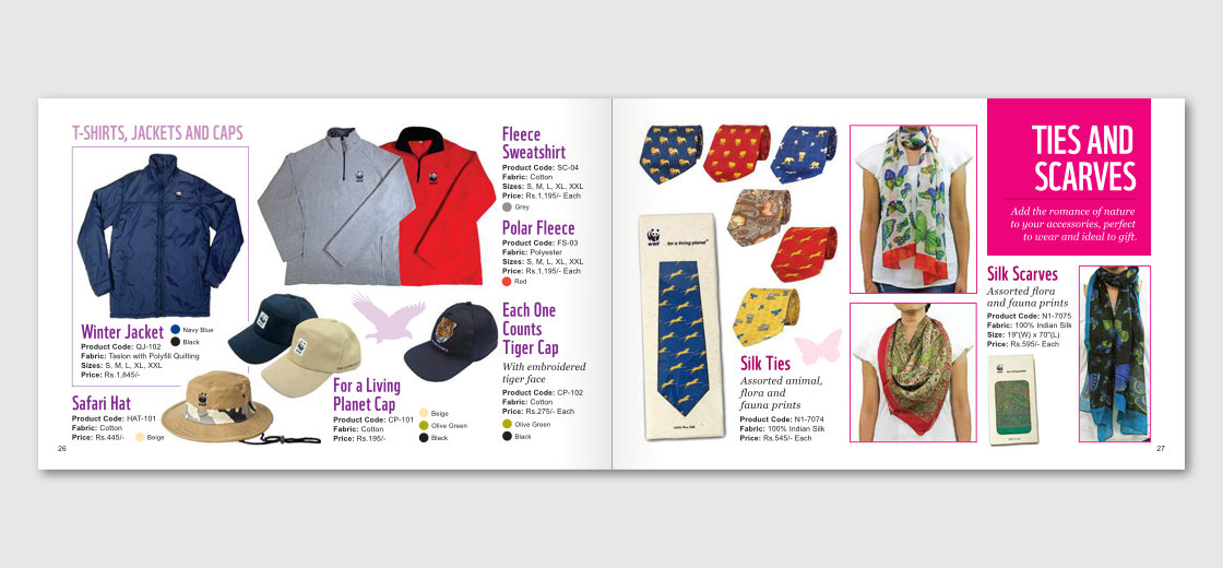 T-shirts, jackets and caps (left page), and ties and scarves (right page) sections of the catalogue
