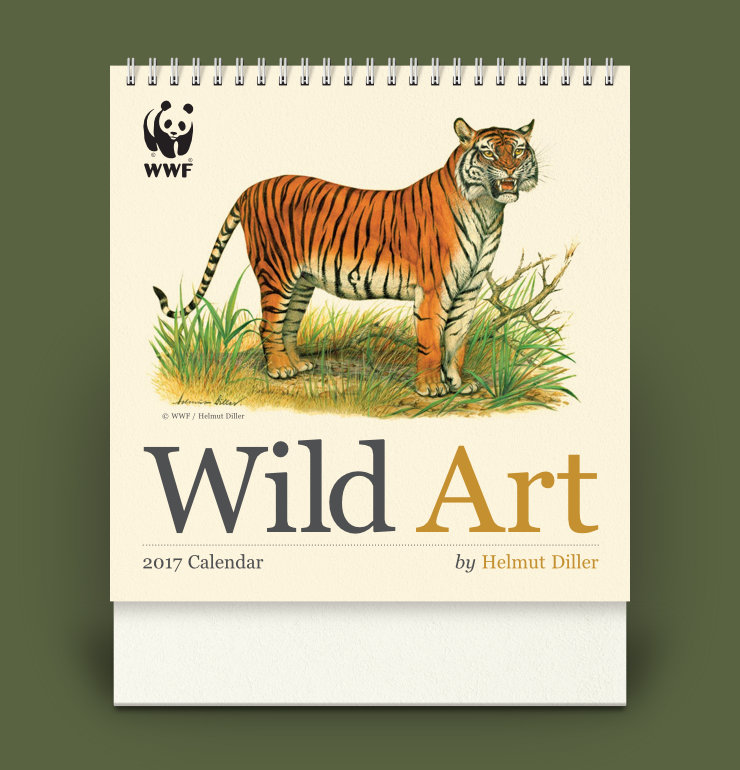 Layout with WWF logo, image of a Tiger growling, calendar name and at the bottom: the text ‘2017 Calendar’ and artists name