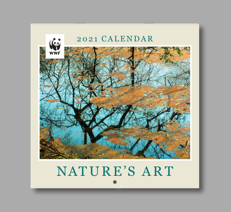 A large photograph with WWF logo on top left, ‘2021 Calendar’ on top centre, and calendar name in large font below the pic