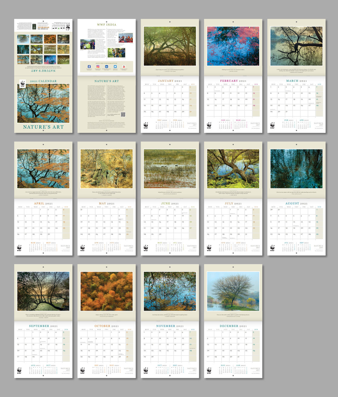 Cover and back cover spread, intro spread and 12 calendar spreads next to one another