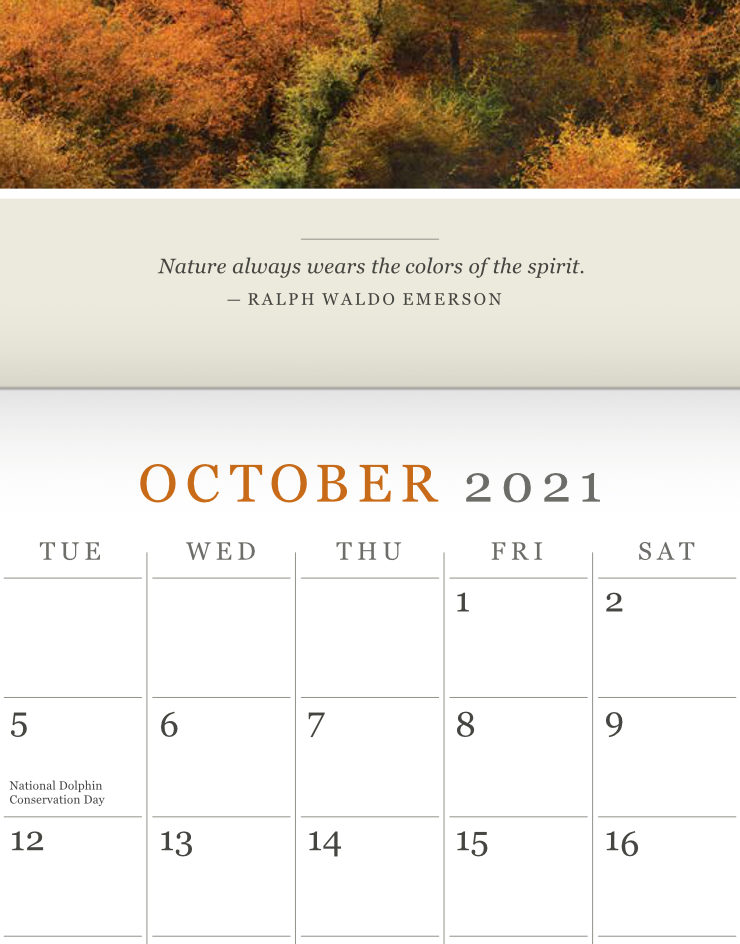 Closeup of calendar layout showing a quote (below the photograph) and a part of the planner