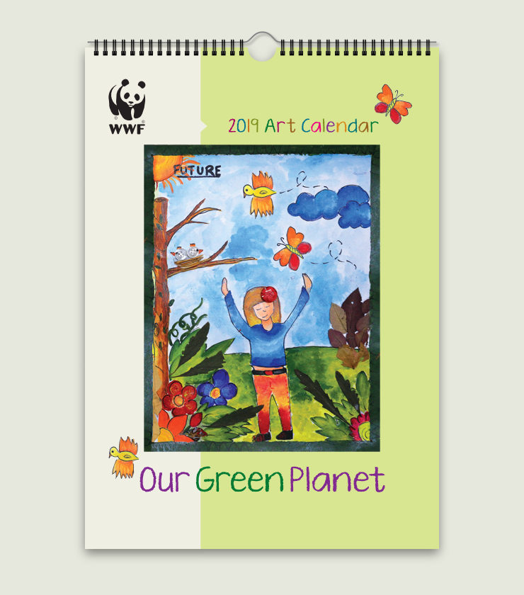 Painting of a young girl enjoying nature, and around it WWF logo, calendar name and description